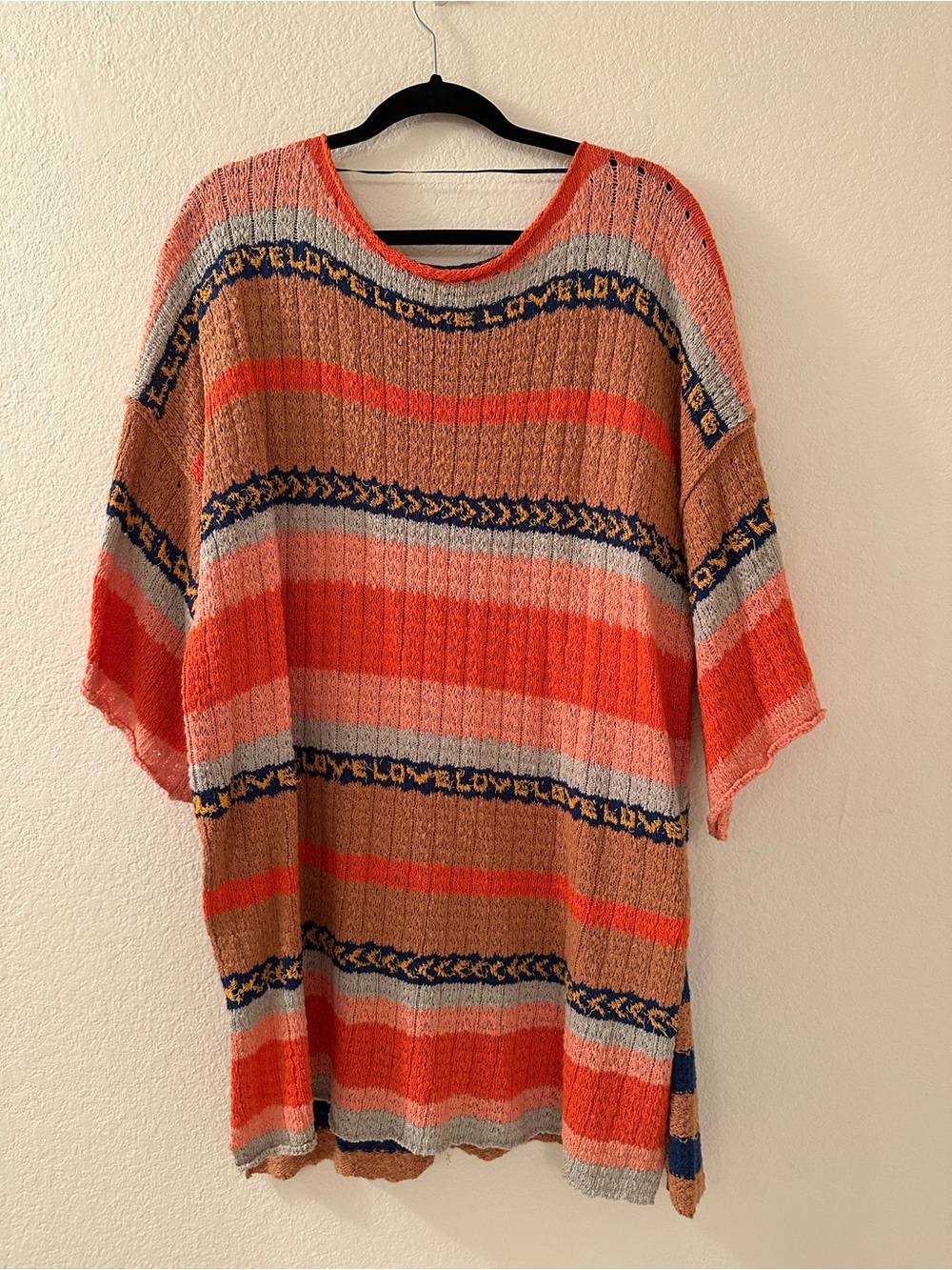 Free People Striped Open Knit Top in Blue, Orange & Tan